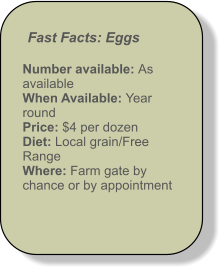 Fast Facts: Eggs  Number available: As available When Available: Year round Price: $4 per dozen Diet: Local grain/Free Range Where: Farm gate by chance or by appointment